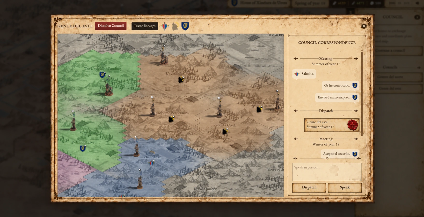A Bloodlines player council over a map of changing territories and borders.
