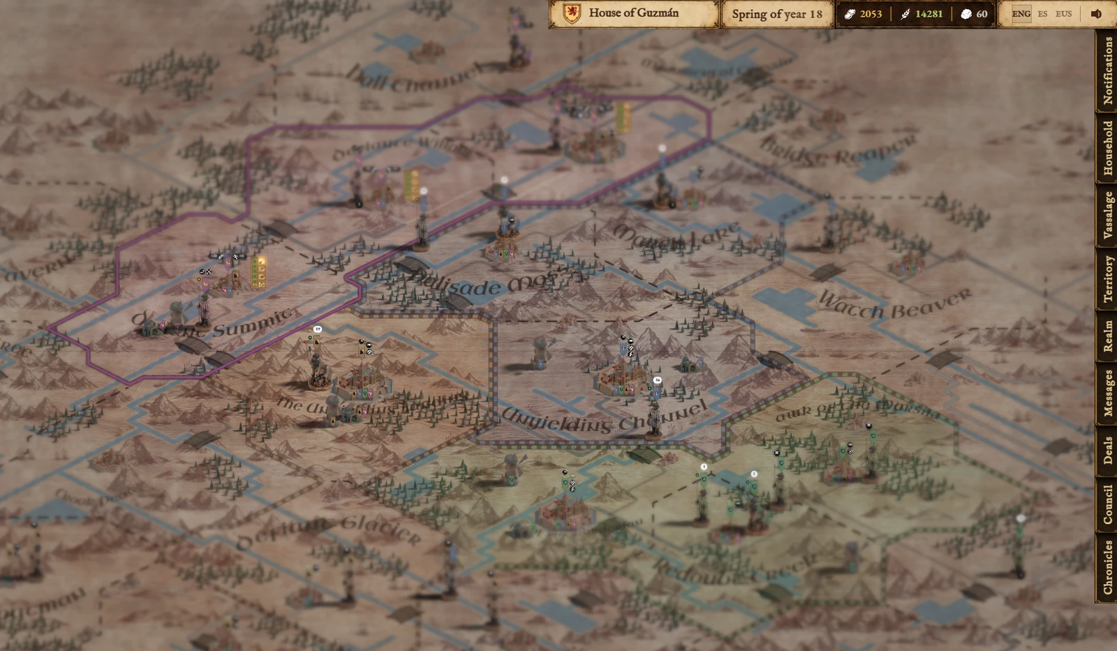 Political map of a living Bloodlines world with territories, armies and settlements.