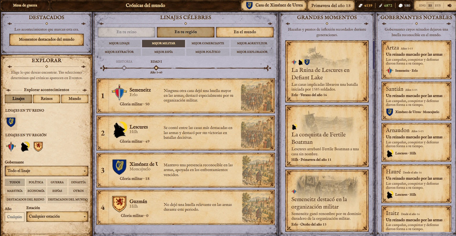 Bloodlines world chronicles showing celebrated lineages, defining moments and notable rulers.
