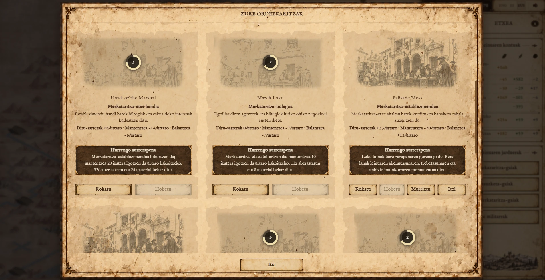Bloodlines commercial representations panel showing their development levels.