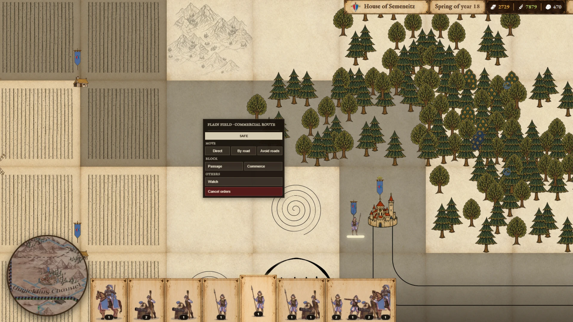 Bloodlines tactical map with units, settlements, forests and movement orders.