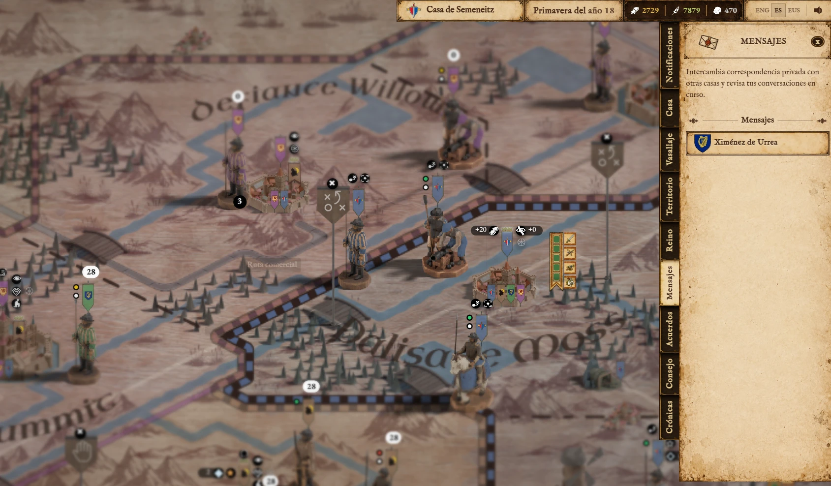 Bloodlines war table with units, territories and the messages panel open.